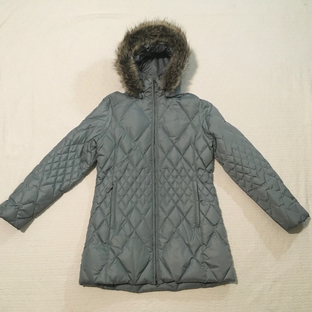 Eddie Bauer Down Womens Long Quilted Puffer Coat Faux Fur Hood Blue M Gorpcore